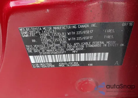 2016 Toyota Rav4 Le из США, поврежденный, VIN 2T3ZFREV4GW306977